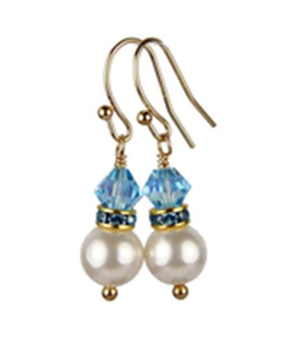 Aquamarine Earrings, 8MM Akoya Pearl Earrings, March Birthstone Earrings, Gold Filled w/ Genuine Crystal Jewelry