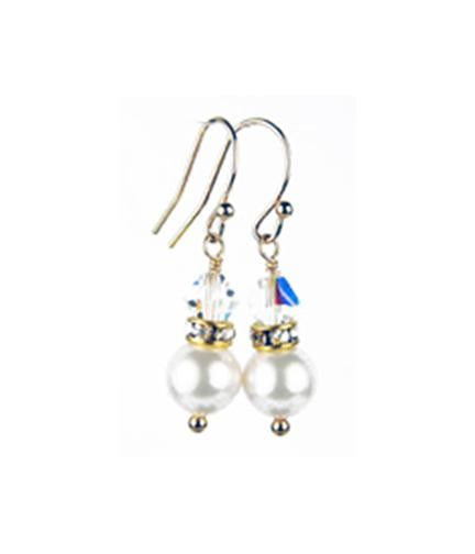 Crystal Earrings, 8MM Akoya Pearl Earrings, April Birthstone Earrings, Gold Filled w/ Genuine Crystal Jewelry