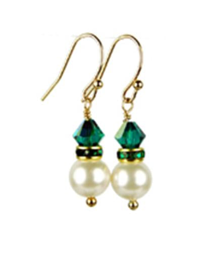 Emerald Earrings, 8MM Akoya Pearl Earrings, May Birthstone Earrings, Gold Filled w/ Genuine Crystal Jewelry