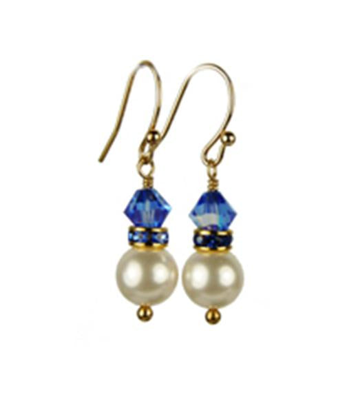 Sapphire Earrings, 8MM Akoya Pearl Earrings, September Birthstone Earrings, Gold Filled w/ Genuine Crystal Jewelry