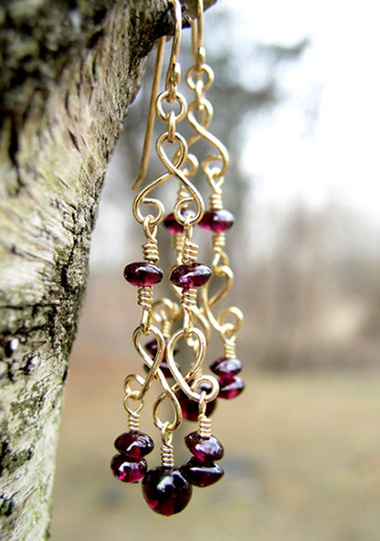 Gold Chandelier Earrings | Garnet Red Chandelier Earrings