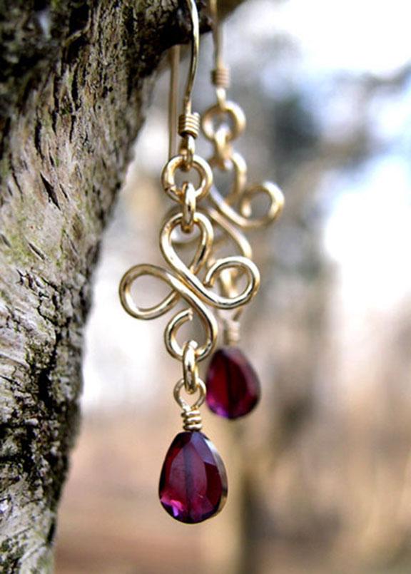 Gold Chandelier Earrings | Garnet Red Chandelier Earrings