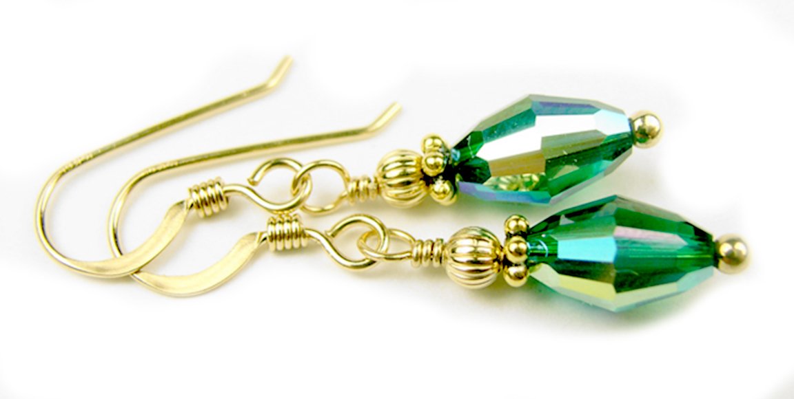 Emerald Earrings, May Birthstone Earrings, Minimalist Earrings 14K Gold Blue Crystal Earrings