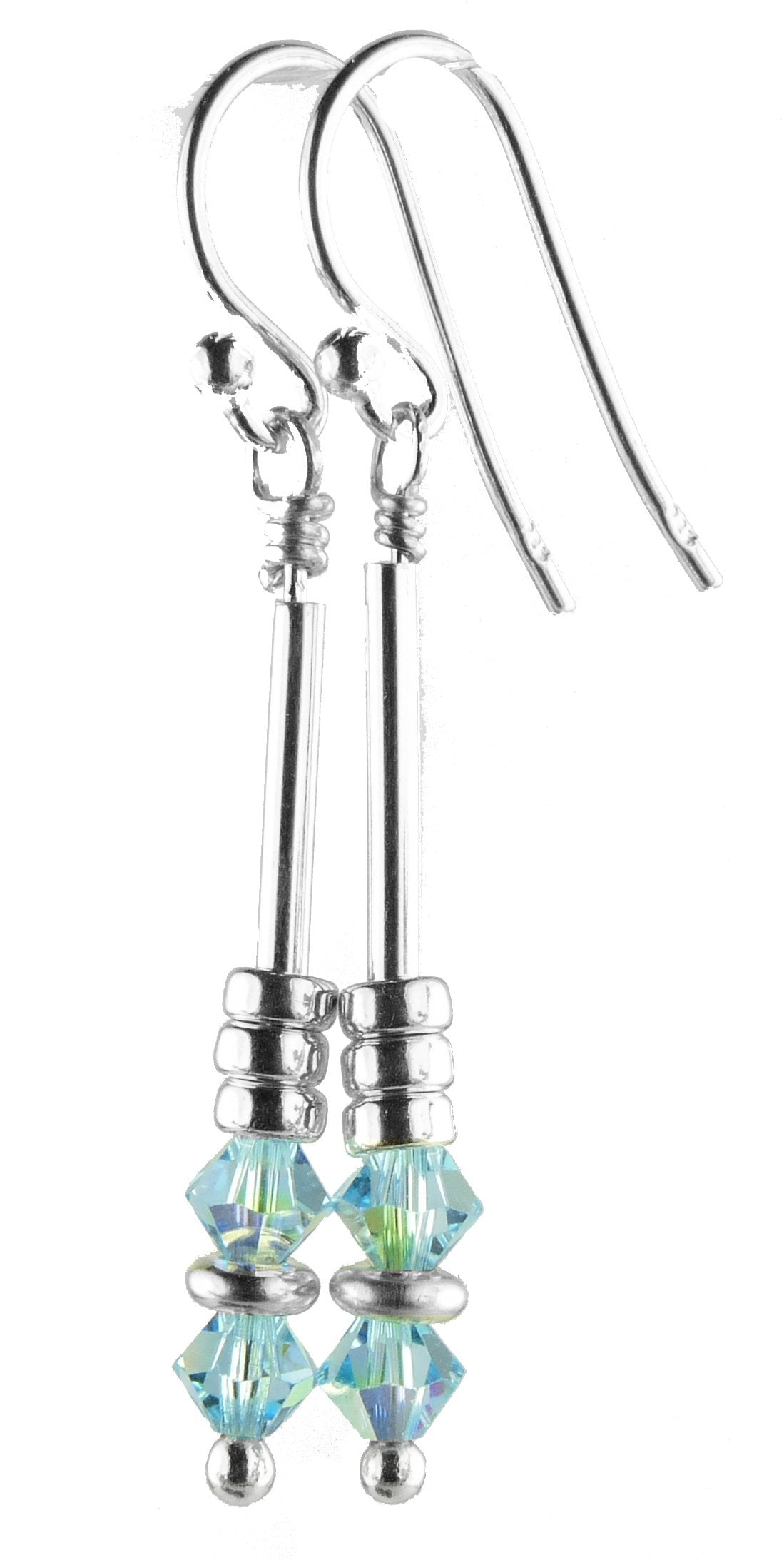 Silver Long Dangle Earrings March Aquamarine Crystals