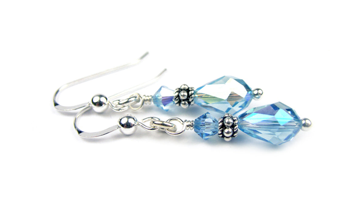 Silver Dangle Earrings March Birthstone Aquamarine Crystal Jewelry