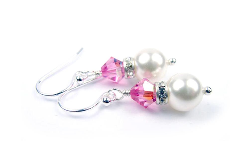 Pink Tourmaline Earrings, 8MM Akoya Pearl Earrings, October Birthstone Earrings, Sterling Silver w/ Genuine Crystal Jewelry