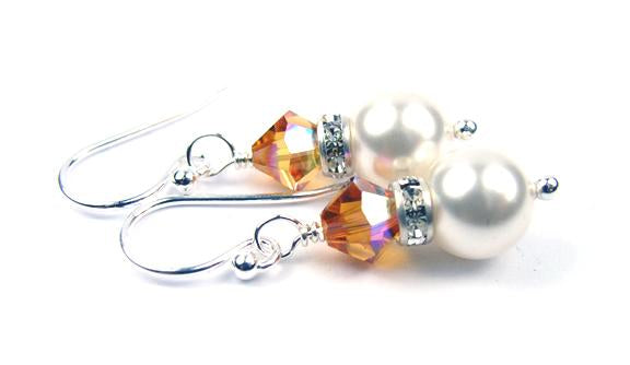 Topaz Earrings, 8MM Akoya Pearl Earrings, November Birthstone Earrings, Sterling Silver w/ Genuine Crystal Jewelry