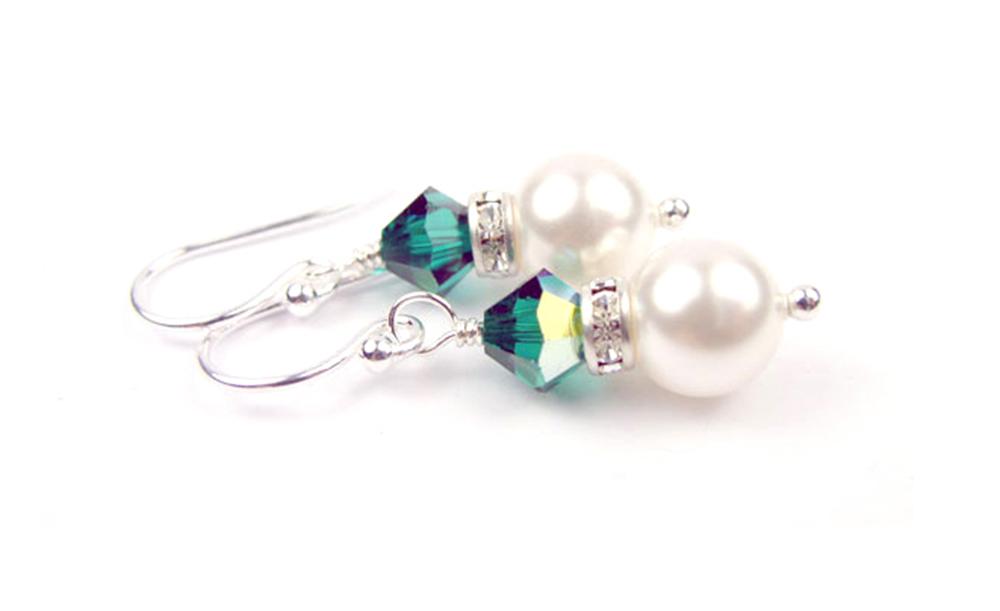 Emerald Earrings, 8MM Akoya Pearl Earrings, May Birthstone Earrings, Sterling Silver w/ Genuine Crystal Jewelry