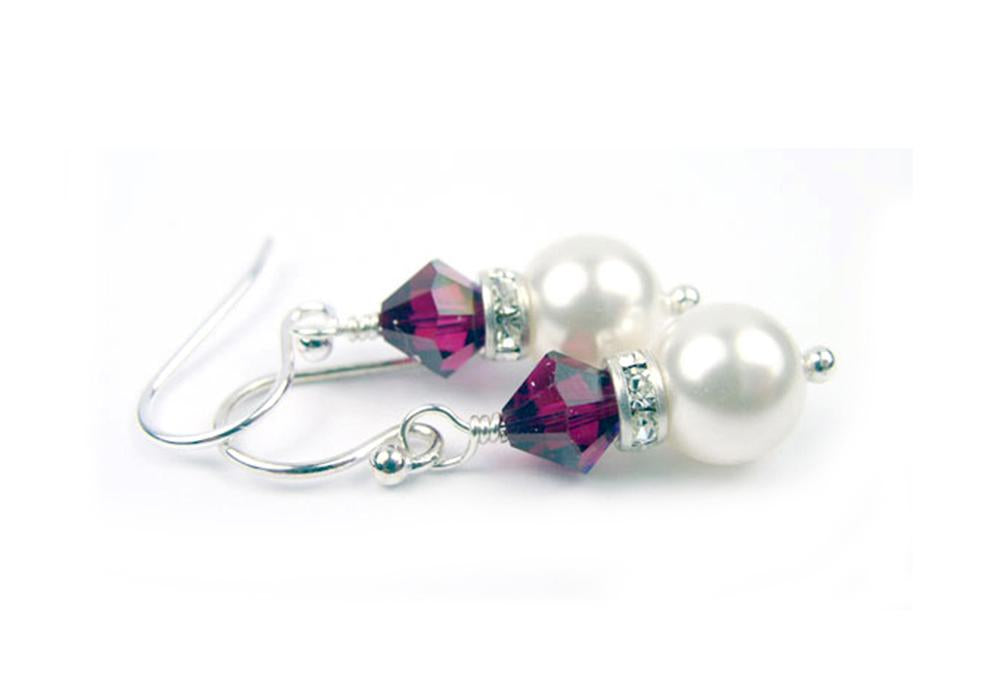 Ruby Earrings, 8MM Akoya Pearl Earrings, July Birthstone Earrings, Sterling Silver w/ Genuine Crystal Jewelry