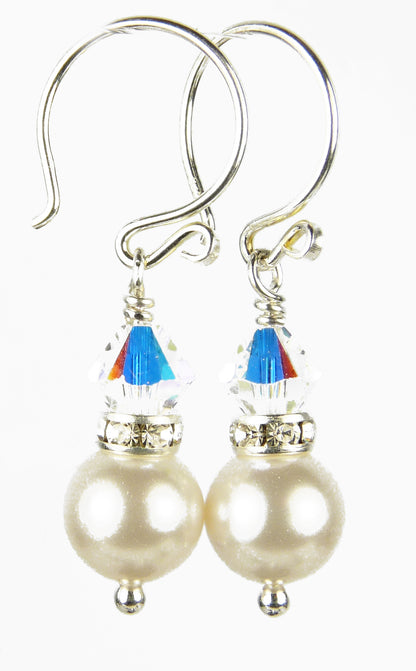 Crystal Earrings, 8MM Akoya Pearl Earrings, April Birthstone Earrings, Sterling Silver w/ Genuine Crystal Jewelry