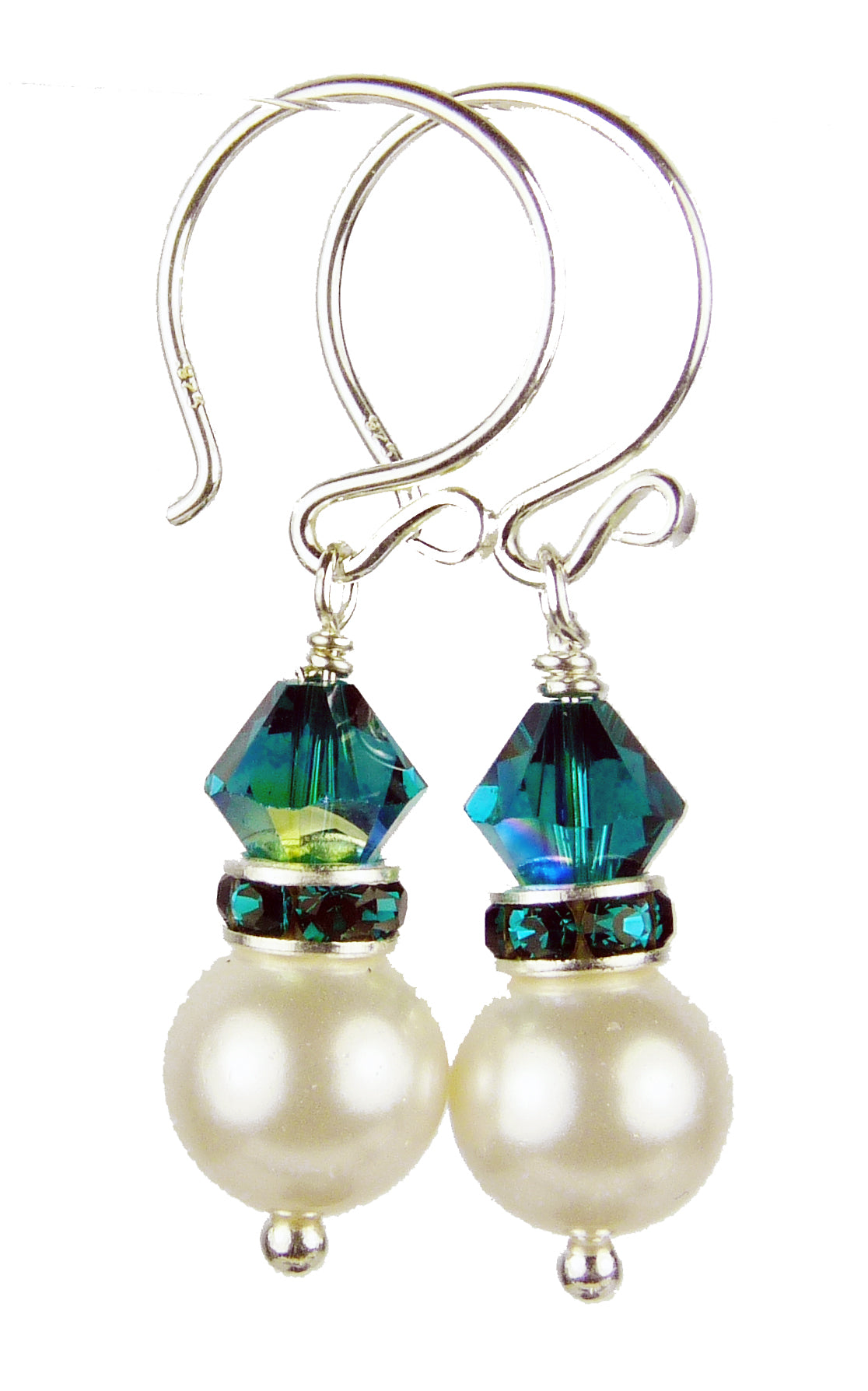 Emerald Earrings, 8MM Akoya Pearl Earrings, May Birthstone Earrings, Sterling Silver w/ Genuine Crystal Jewelry