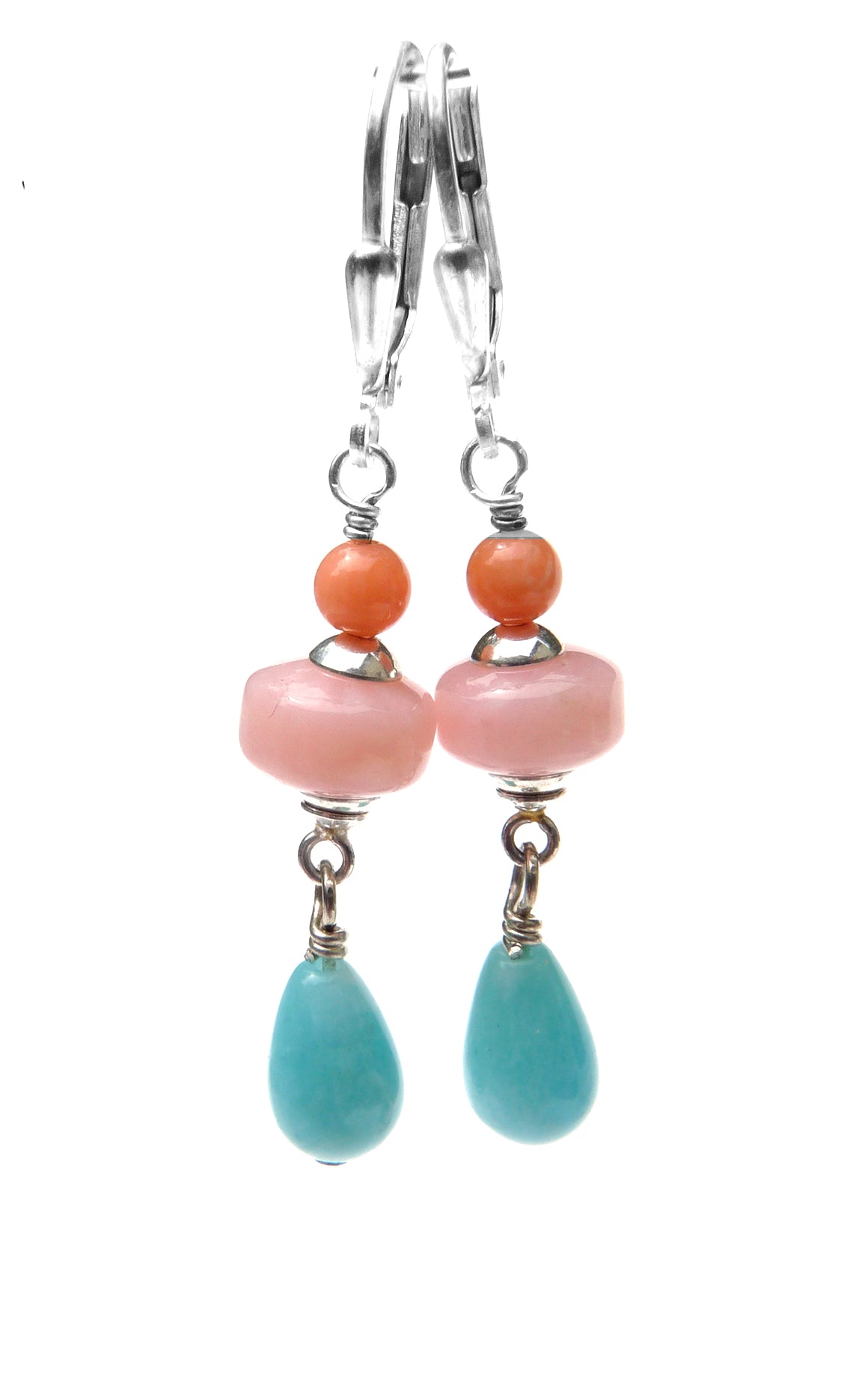 Silver Pink Opal &amp; Blue Peruvian Amazonite Earrings