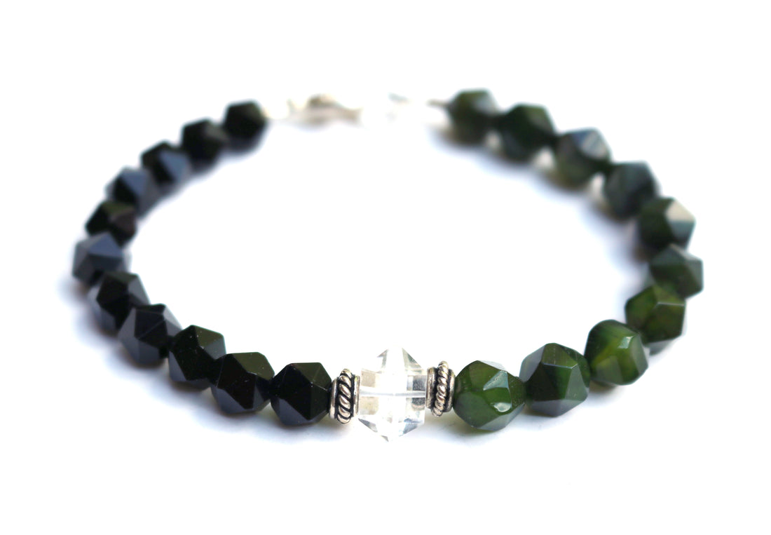 Mens Jade Bracelet, Star Cut Herkimer Diamond Amplifier Healing the Heart Chakra Anahata Gemstone Beaded Bracelets, Jewels for Gents