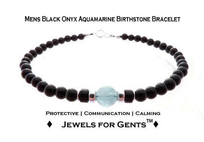 Aquamarine Bracelet, March Birthstone Jewelry, Pisces Bracelet, Mens Custom Personalized Gemstone Beaded Black Onyx Birthday Gift