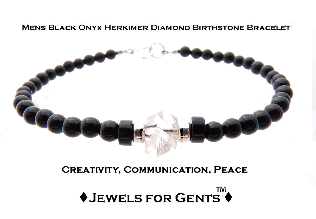 Herkimer Diamond Bracelet, April Birthstone Jewelry, Aries Bracelet, Mens Gemstone Beaded Black Onyx Birthday Gift