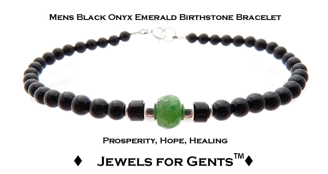 Emerald Bracelet, May Birthstone Jewelry, Taurus Bracelet, Mens Custom Personalized Gemstone Beaded Black Onyx Birthday Gift