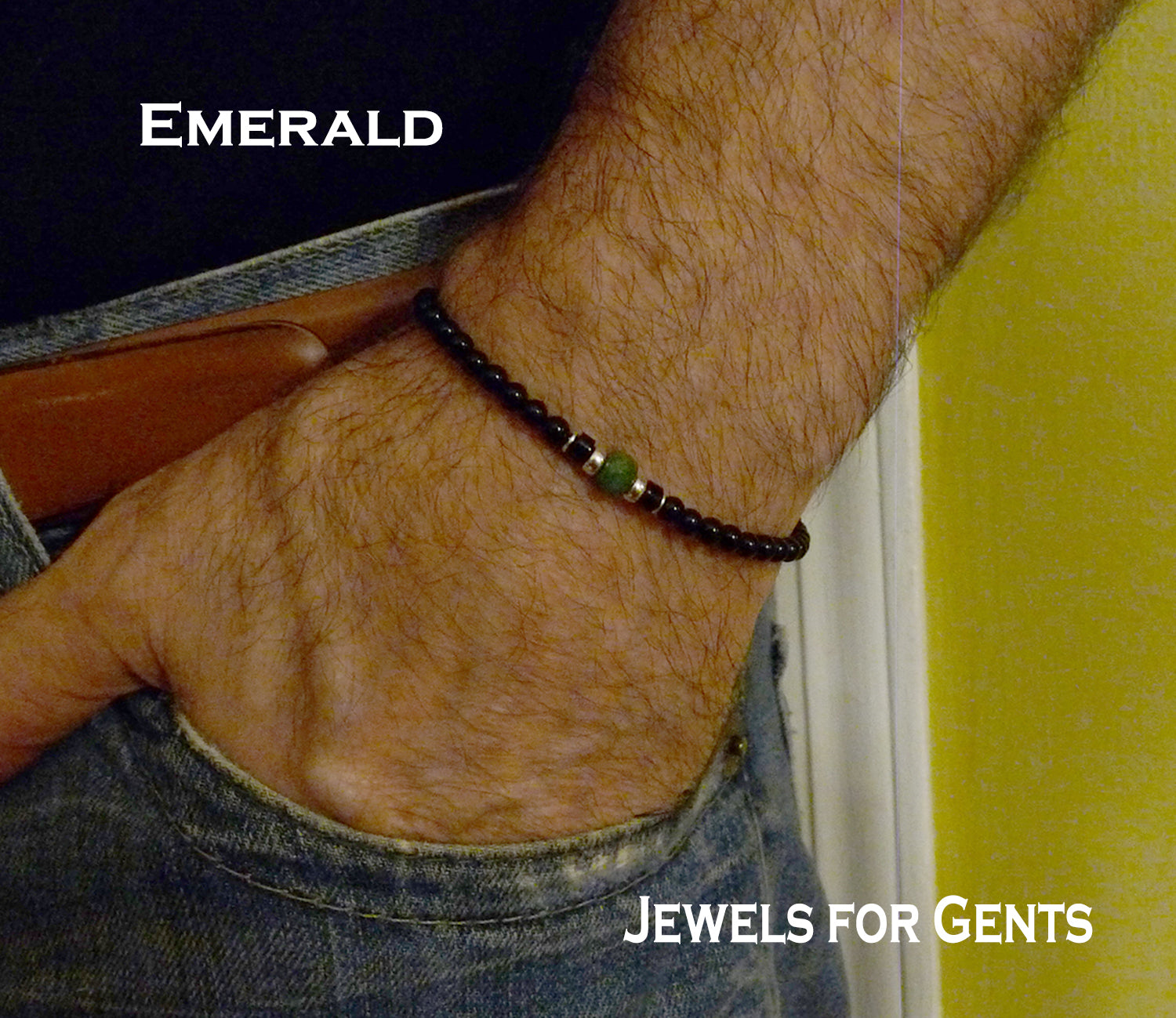 Green Emerald Mens Birthstone Bracelets May Taurus Zodiac Gemstones 4MM Handmade Everyday Black Beaded Bracelets