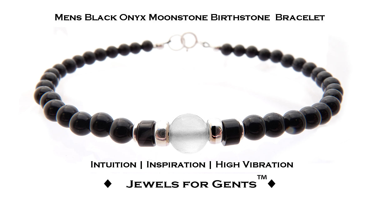 Moonstone Bracelet, June Birthstone Jewelry, Gemini Zodiac Bracelet, Mens Custom Personalized Gemstone Beaded Black Onyx Birthday Gift