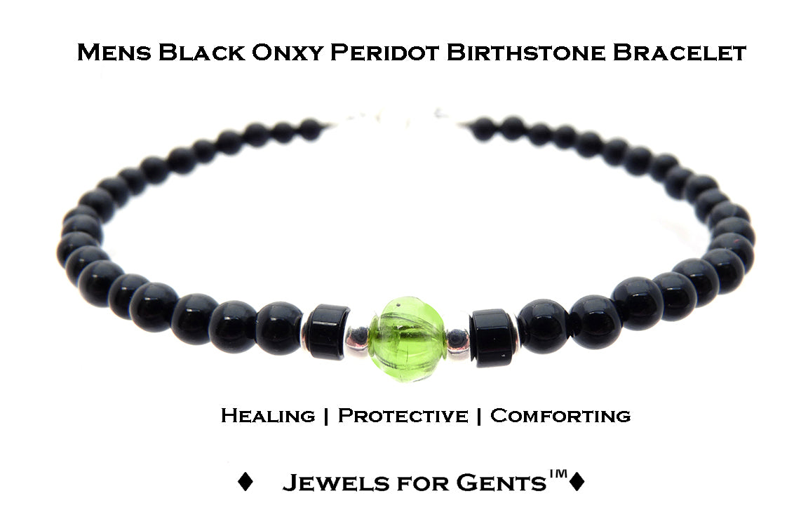 Peridot Bracelet, August Birthstone Jewelry, Leo Bracelet, Mens Custom Personalized Gemstone Beaded Black Onyx Birthday Gift