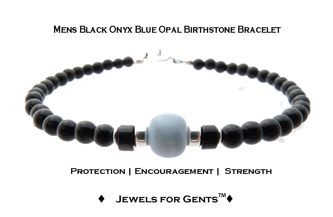 Owyhee Blue Opal Bracelet, October Birthstone Jewelry, Libra Bracelet, Mens Custom Personalized Gemstone Beaded Black Onyx Birthday Gift