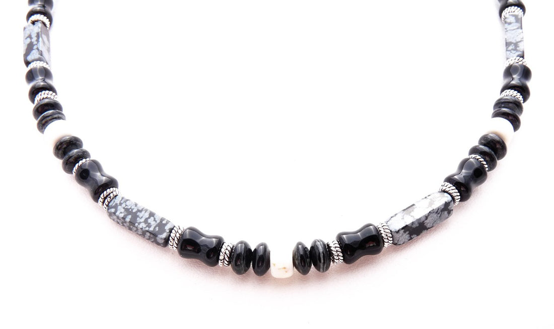WARRIOR Mens Necklace, Snowflake Obsidian Beaded Crystal Healing Chakra Jewelry by Jewels for Gents