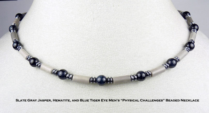 05-ADVERSITY Mens Beaded Necklace, Handmade Blue Eagles Eye, Silver Leaf Jasper, Crystal Healing Gemstone Chakra JewelrY JEWELS FOR GENTS