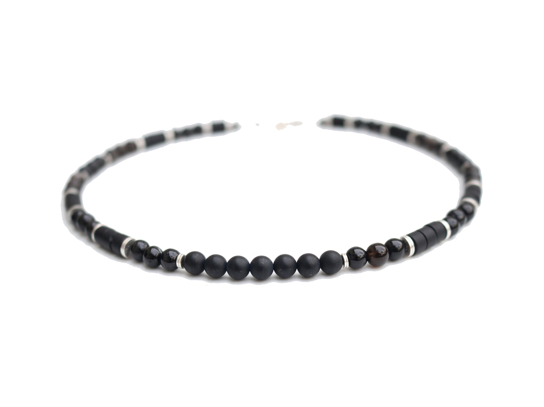 34-TRIPLE PROTECTION Mens Beaded Necklace, Handmade Black Onyx Bead Choker Necklace with Meaning, Crystal Healing JEWELS FOR GENTS