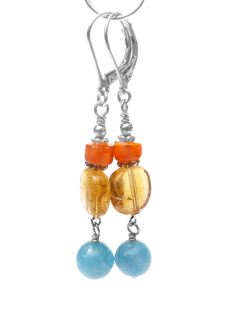 Yellow Citrine, Blue Peruvian Amazonite, Carnelian Gemstone Earrings